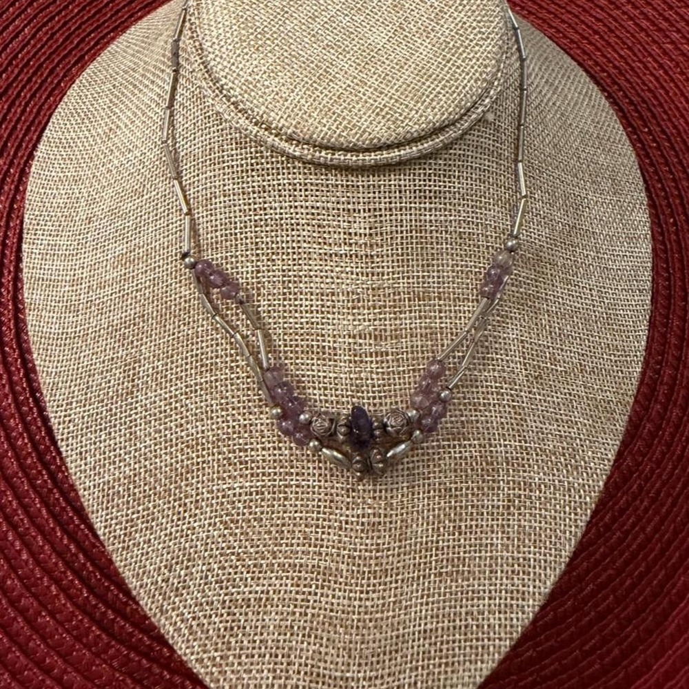 Vintage Amethyst & Liquid Silver Bead Necklace Double Strand Curved Center 6g